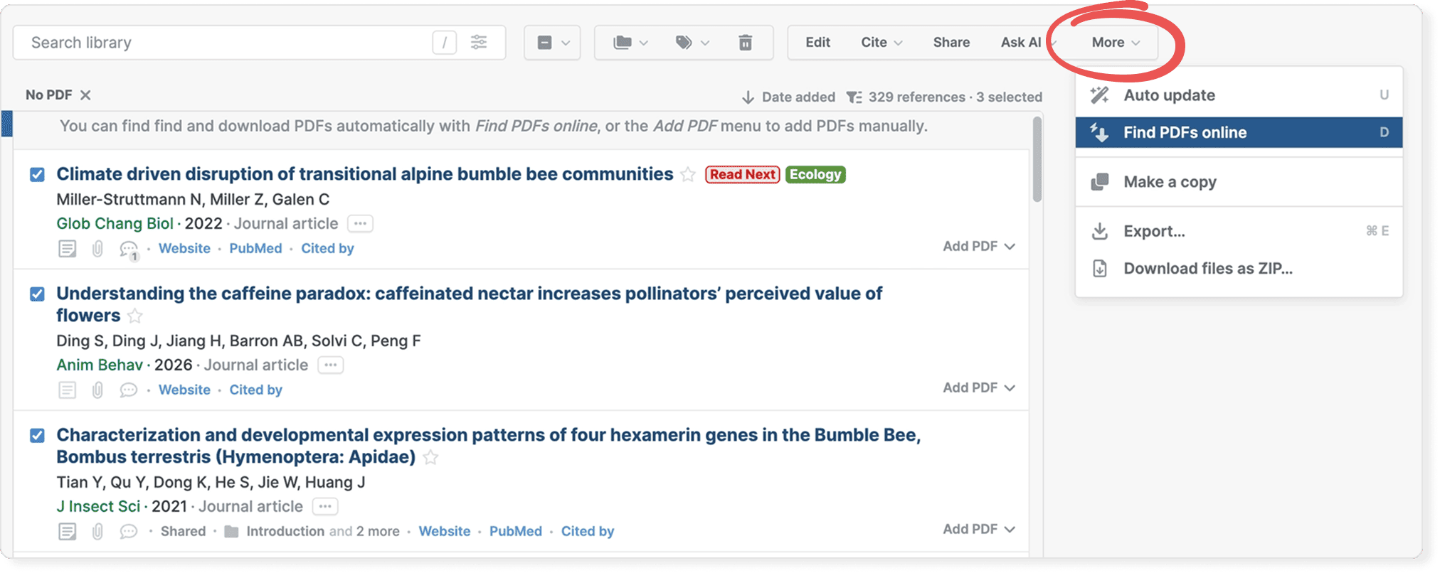 A library filtered by “No PDF” with three references ticked and the circled More menu open on “Find PDFs online”, above Make a copy, Export… and “Download files as ZIP…”.